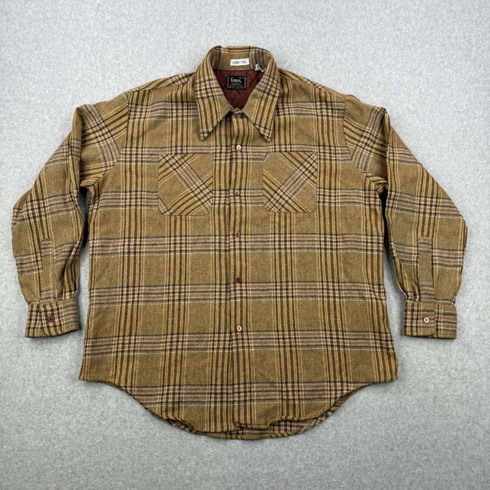 Vintage Campus Shirt Mens XL Beige Plaid Flannel Wool Blend 60s Long‎ Tail 17.5